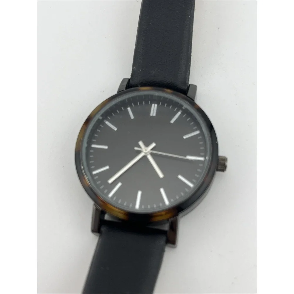 A Day New Watch Women 35mm Case Tortoise Shell Bezel Black Band-‎ New Battery